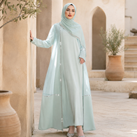 Ensemble Abaya Cardigan Ouvert en Chiffon Personnalisé OEM avec Bordure Strass et Perles, Robe Intérieure en Satin, Hijab – 3 Pièces, Robe Longue Modeste Musulmane pour l'Aïd