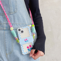 Miroir à damier ondulé bleu et blanc 2022, clip arrière oblique pour Iphone 14 13 12 11 étuis mobiles avec lanière