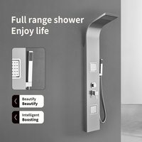 Panneau de douche mural contemporain en acier inoxydable brossé avec jets de pluie, jets doux, jets latéraux et robinet thermostatique à poignée unique