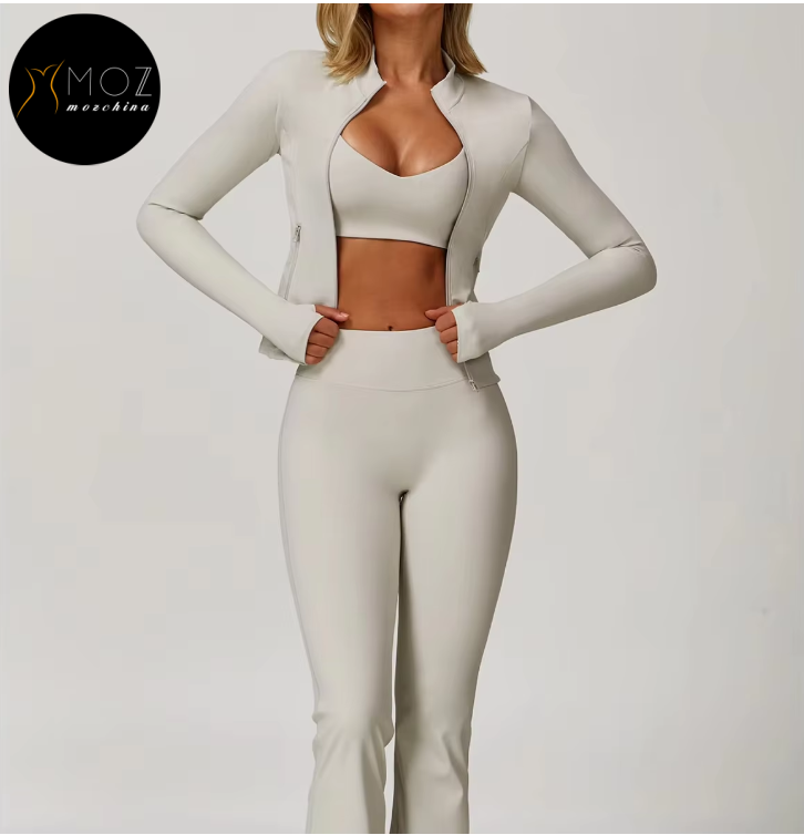 Womens Brushed Yoga Set 3 Piece Sports Bra High Waist Leggings Long Sleeve Jacket Quick Dry Workout Outfit Yoga Running Fitness