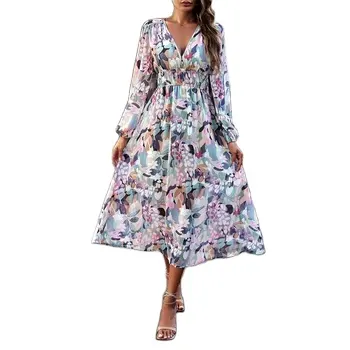 Damen Sommer Blumendruck Patchwork Kleider lockerer V-Ausschnitt lange Laterne Ärmel hohe Taille Kleid