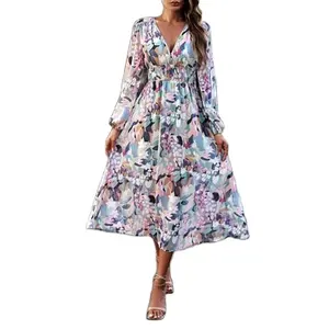 Kadın yaz çiçek baskı Patchwork elbiseler gevşek V boyun uzun fener kollu yüksek bel elbise