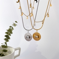 Pendentif rond en zircon carré, acier titane plaqué or 18 carats, pompon en forme de larme, mini collier avec breloque lune