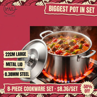 Batterie de cuisine moderne 8 pièces en acier inoxydable écologique et léger, comprenant des casseroles lisses de 16, 18, 20, 22 cm, compatible induction, pour la maison