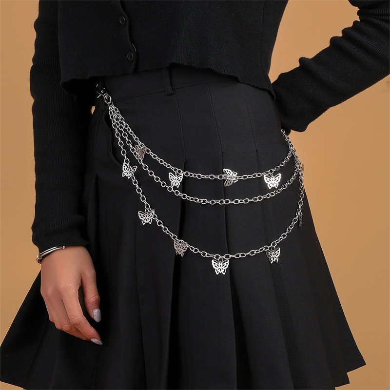Ремень на талию для мужчин и женщин, многослойный металлический пояс с цепочкой-бабочкой и прорезями для брюк