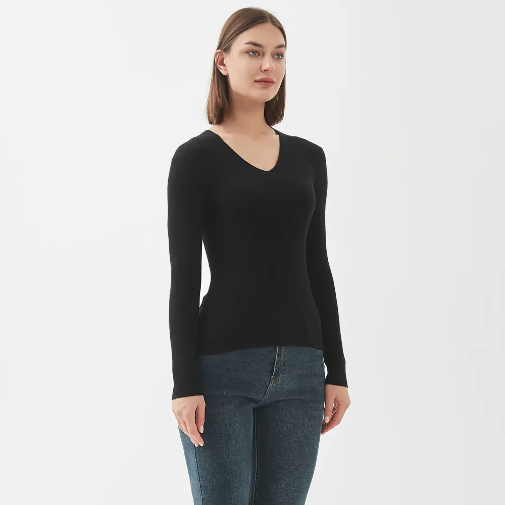 2023 Schwarzer Damen pullover mit V-Ausschnitt 50% Tencel50 % Baumwolle