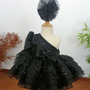 Vestido de baile infantil preto, vestido de manga comprida com lantejoulas para bebês, meninas, aniversário, casamento, jantar, festa formal, vestidos de noite