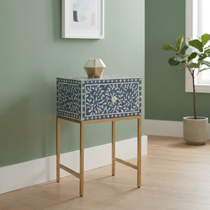 Decorative Modern Handmade <b>Wooden</b> <b>Coffee</b> <b>Table</b> with Blue White Floral Inlay and Gold Metal <b>Legs</b> Single Drawer - Product Image 1