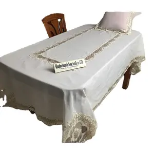 Toalha de mesa de renda branca feita à mão com bordado Tischdecke retangular para festa de casamento ou toalhas de mesa bege para uso de cobertura