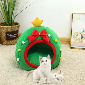Factory Price Christmas Cat Litter Semi-enclosed Crystal Velvet Indoor Cozy Cat House Cave