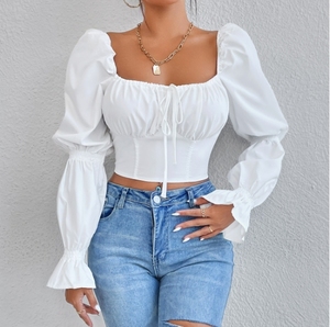 Primavera/Verano Mujer Europea y Americana Blanco Puro Manga Larga Frente Pecho Encaje Espalda Abierta Sexy Cintura Envoltura Camisa - Product Image 1
