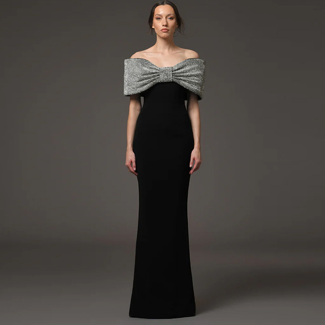 2025 Fashion New Heavy-stitched Diamond Bow Long Dress Black Elegant Evening Dresses