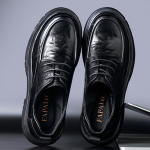 Papa Iec Men's Genuine Leather Oxfords <b>Round</b> <b>Toe</b> Thick Sole Business Casual Dress Shoes Office Career Mid <b>Heel</b> - Product Image 4