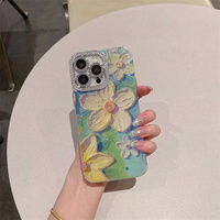 Coque de téléphone fleur de peinture à l'huile de strass bleu haut de gamme pour iPhone 15 14 13 12 11 pro max couverture arrière dure anti-chute