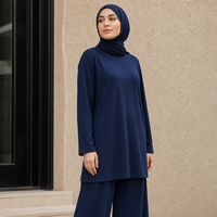 Ensemble deux pièces musulman pour femme, tunique décontractée chic à manches longues et pantalon large longueur ras du sol, vêtements modestes, vente en gros personnalisée