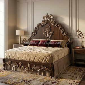 Lit classique baroque en bois massif sculpté, lit king-size royal <span class=keywords><strong>de</strong></span> luxe avec table <span class=keywords><strong>de</strong></span> chevet assortie pour suite présidentielle, mobilier FF&E sur mesure - Product Image 1