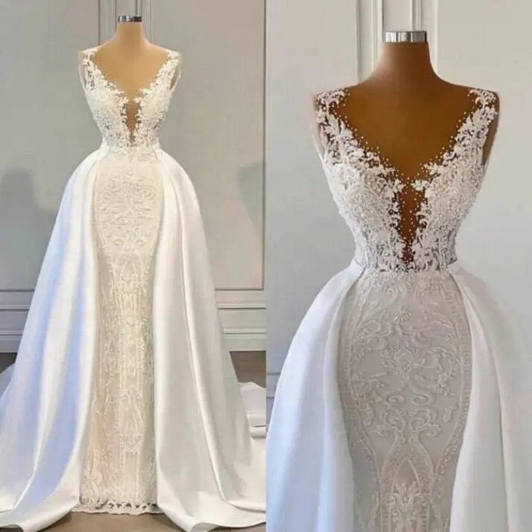 Gaun pernikahan putri duyung 2023, gaun pernikahan leher V mewah desain baru tanpa lengan dapat dilepas