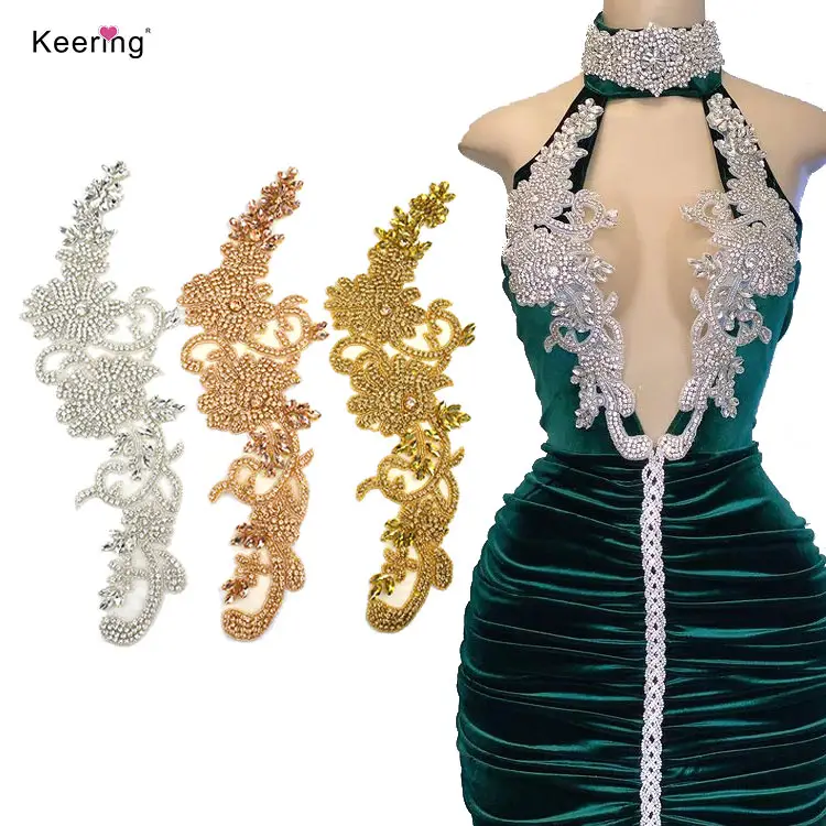 WRA-1006 Keering Modedesign Gold Rose Großhandel Alle Handmade Für Party kleid Hochzeits kleid Perlen Mieder Patch Strass