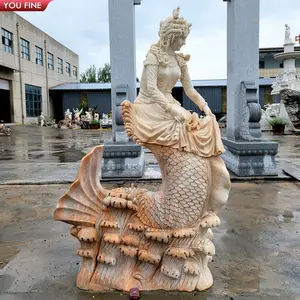 Beautiful Detailed Natural Stone Hand Carved Beige Stone Mermaid Statue