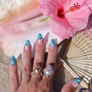 Faux ongles courts en amande avec fleurs 3D, vente en gros, faits main, luxe, effet œil de chat bleu, gel souple, pour l'été et la plage, à presser - Product Image 1