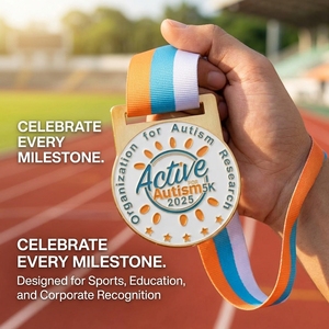 Medaglia Personalizzata Placcata Oro 5K per la Ricerca sull'<span class=keywords><strong>Autismo</strong></span>, Premio Benefico in Smalto Morbido con Logo Personalizzato, Nastro Colorato e Confezione in Scatola - Product Image 1