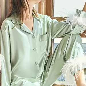 hot sale Women Satin Luxury Ladies Silk Inspired Pijamas Jersey Pyjama Ice Sleeping Pajamas with feathers