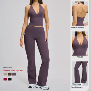 Nuevo conjunto de yoga y fitness: top halter sin mangas con cuello en V profundo y acolchado, camiseta deportiva, pantalones acampanados para <span class=keywords><strong>gimnasio</strong></span> y entrenamiento. - Product Image 2