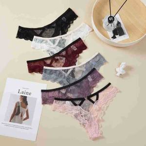 Tanga de encaje transparente sin costuras para mujer, de malla tejida, con estampado sólido, de talle bajo, talla 4XL - Product Image 3