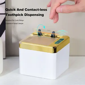 Dispenser tusuk gigi pintar, kotak induksi otomatis elektrik warna emas