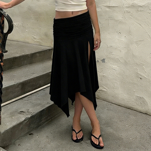 American Street Style Fashion Solid Color Fold Over Waistband Asymmetrical Slit Midi Skirt Elegant Versatile Relaxed Fit Skirt - Product Image 2