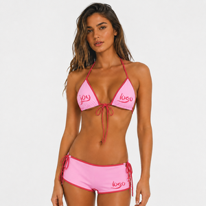 Women's Eco Friendly Halter <b>Neck</b> High Waist Bikini 3 Piece Set with Custom Logo Sports Style Clashing Bathing Suits - Product Image 2