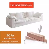 Canapé sectionnel en forme de L, entièrement en mousse compressée et roulée, couleur crème, style minimaliste moderne, revêtement en lin