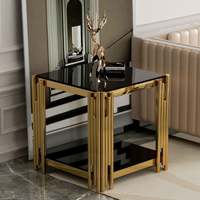 Meubles de salon, table basse rectangulaire moderne en verre noir avec base dorée en acier inoxydable 201