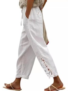 Women's Thin Cotton <strong>Linen</strong> Casual Pants High Waist Drawstring Lace Trim <strong>Cropped</strong> <strong>Trousers</strong> with Pockets and Buttons - Product Image 6
