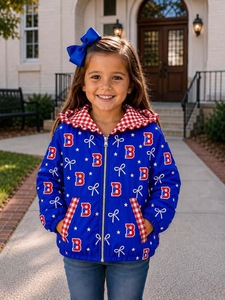 Manteau à capuche zippé pour enfants, motif étoiles et volants, avec nœuds de mascotte d'équipe scolaire personnalisés, style boutique, vêtements mignons pour sœurs, vente en gros, automne - Product Image 6