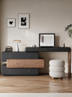 Ensemble de coiffeuse moderne avec miroir rond, tiroirs de rangement incurvés, bureau de maquillage et tabouret pour chambre à coucher et décoration intérieure