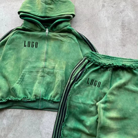 Streetwear personnalisé éponge française Vintage CottonHalf Zipper Survêtement Broderie Applique Pantalon de survêtement évasé et Ensemble de sweat à capuche zippé