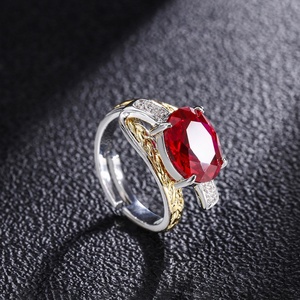 Fashion Jewelry Eco-friendly Copper Unique Bicolor Style Gold Plated Insert Oval Cut Red Zircon Two Tone Plated Band <b>Ring</b> - Product Image 5