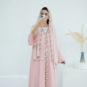 2025 islam giyim kadın hırka Robe Abaya 2 parça Set Nida yaz çiçek nakış Abaya müslüman kadın elbise başörtüsü ile - Product Image 6