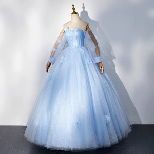Blue Strapless Ball Gown Tulle Dress With 3D Floral Print Empire Waistline For Wedding Evening Events - Product Image 2