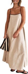 Abito Estivo in <span class=keywords><strong>Lino</strong></span> da <span class=keywords><strong>Donna</strong></span>, Vestito Lungo e Ampio con Spalline Sottili a Contrasto, Senza Maniche e Schiena Scoperta, Ideale per la Spiaggia - Product Image 5