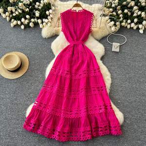 Sommerliches O-Ausschnitt Tunika Freizeitkleid für Damen Ärmelloses Empire-Taille Stickerei Durchbrochenes Spitzenkleid - Product Image 2