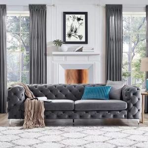 Divano Chesterfield a Tre Posti in Velluto Verde, Lusso Tradizionale in Tessuto per Soggiorno, Appartamento, Hotel, con Lavorazione Trapuntata - Product Image 2