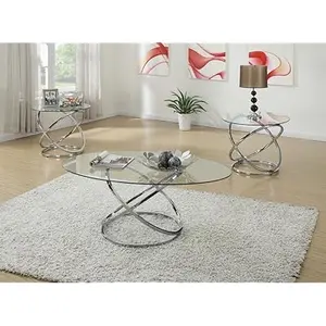 3pc Modern Glass Top Coffee End Table Set with Spinning Circles Base Design