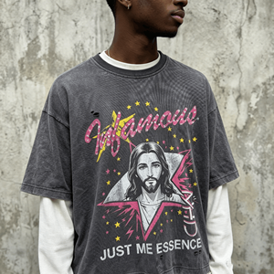 T-shirts personnalisés Streetwear en coton épais à double couche, manches longues, imprimés graphiques, effet vintage, avec strass pour hommes - Product Image 1