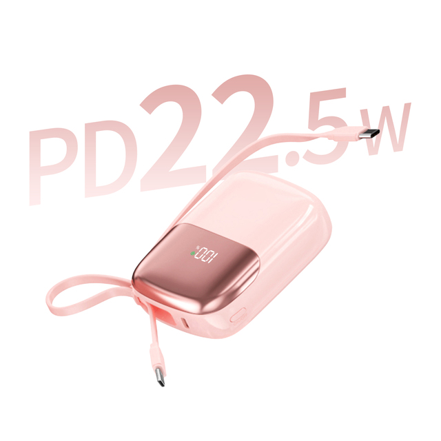 10000mAh Ultra Slim Mini Portable Power Bank Built Cable Travel Charger 22.5W PD Fast Charging Wireless Battery Pack Lanyard