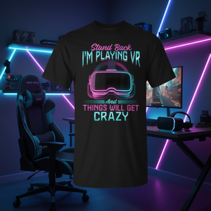 Camiseta Gaming Vr Gamer, diseño negro neón, camiseta divertida con la frase Stand Back I'm Playing Vr Crazy Fun - Product Image 3