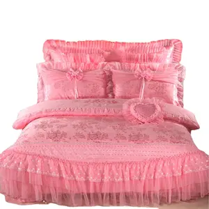 Korean style organic Cotton embroid Princess Lace Red Pink Bridal wedding Bed Set