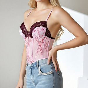 Corsé de malla <span class=keywords><strong>rosa</strong></span> retro para mujer, estilo gótico, con tirantes finos, bordado floral <span class=keywords><strong>rosa</strong></span>, moldeador de cintura elegante - Product Image 6
