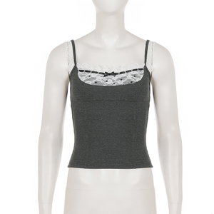 French Pure Style Lace Patchwork Bow Color Block <b>Flutter</b> <b>Sleeve</b> Camisole Two in One Fashion Slim Fit Knit Tank <b>Top</b> - Product Image 6